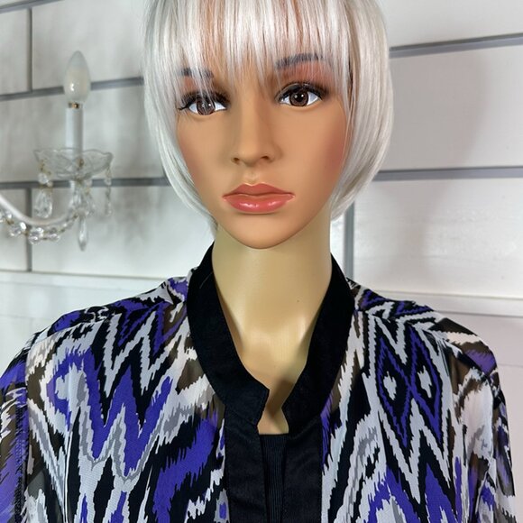 Sheer Purple, Black, White V Neck Button Mandarin Collar Investments II 2X - Picture 7 of 9